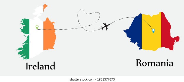 Airplane transport from Ireland to Romania. Concept a good tour travel and business of both country. And flags symbol on maps. EPS.file.