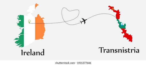 Airplane transport from Ireland to Transnistria. Concept a good tour travel and business of both country. And flags symbol on maps. EPS.file.