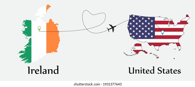 Airplane transport from Ireland to United States. Concept a good tour travel and business of both country. And flags symbol on maps. EPS.file.