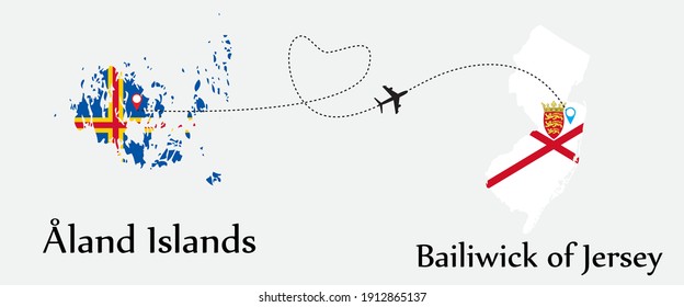Airplane transport from Åland Islands to Bailiwick of Jersey. Concept a good tour travel and business of both country. And flags symbol on maps. EPS.file.