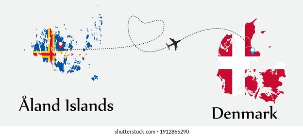 Airplane transport from Åland Islands to Denmark. Concept a good tour travel and business of both country. And flags symbol on maps. EPS.file.