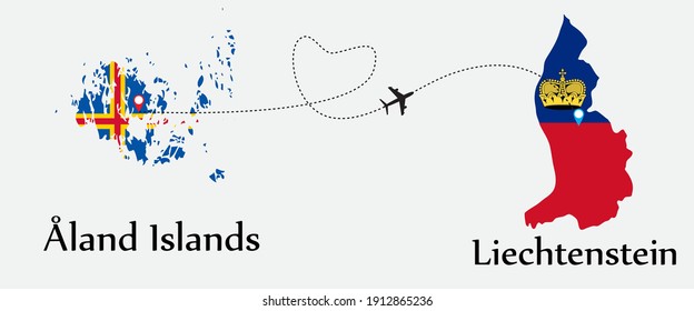 Airplane transport from Åland Islands to Liechtenstein. Concept a good tour travel and business of both country. And flags symbol on maps. EPS.file.