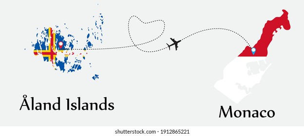 Airplane transport from Åland Islands to Monaco. Concept a good tour travel and business of both country. And flags symbol on maps. EPS.file.