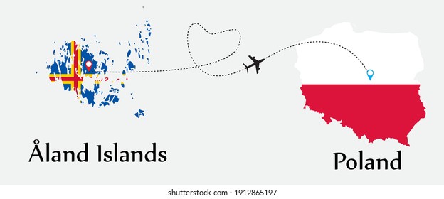 Airplane transport from Åland Islands to Poland. Concept a good tour travel and business of both country. And flags symbol on maps. EPS.file.