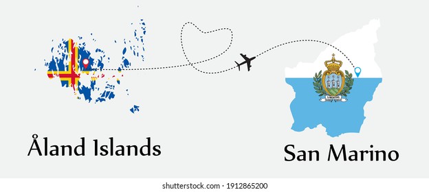Airplane transport from Åland Islands to San Marino. Concept a good tour travel and business of both country. And flags symbol on maps. EPS.file.