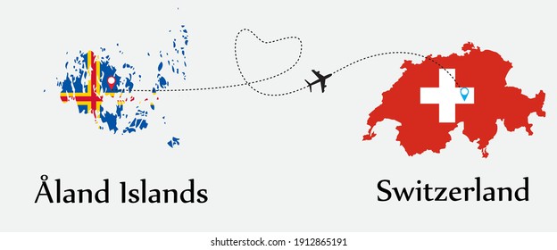 Airplane transport from Åland Islands to Switzerland. Concept a good tour travel and business of both country. And flags symbol on maps. EPS.file.