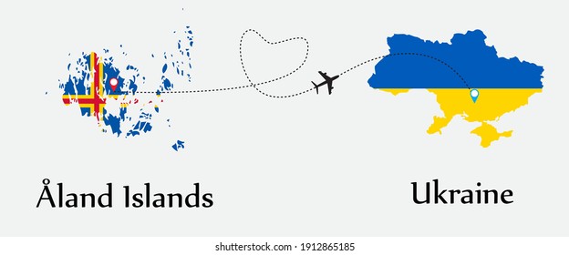 Airplane transport from Åland Islands to Ukraine. Concept a good tour travel and business of both country. And flags symbol on maps. EPS.file.