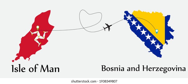 Airplane transport from Isle of Man to Bosnia and Herzegovina. Concept a good tour travel and business of both country. And flags symbol on maps. EPS.file.