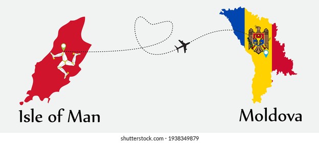 Airplane transport from Isle of Man to Moldova. Concept a good tour travel and business of both country. And flags symbol on maps. EPS.file.