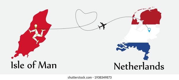 Airplane transport from Isle of Man to Netherlands. Concept a good tour travel and business of both country. And flags symbol on maps. EPS.file.