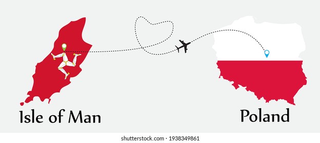 Airplane transport from Isle of Man to Poland. Concept a good tour travel and business of both country. And flags symbol on maps. EPS.file.