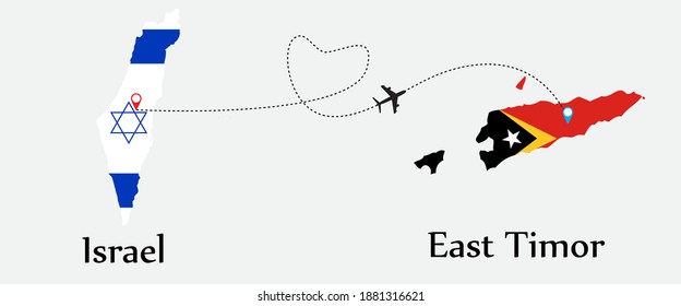 Airplane transport from Israel to East Timor. Concept a good tour travel and business of both country. And flags symbol on maps. EPS.file.