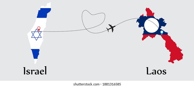 Airplane transport from Israel to Laos. Concept a good tour travel and business of both country. And flags symbol on maps. EPS.file.