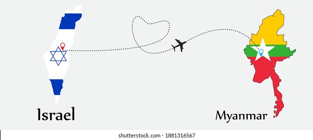 Airplane transport from Israel to Myanmar. Concept a good tour travel and business of both country. And flags symbol on maps. EPS.file.