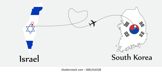 Airplane transport from Israel to South korea. Concept a good tour travel and business of both country. And flags symbol on maps. EPS.file.
