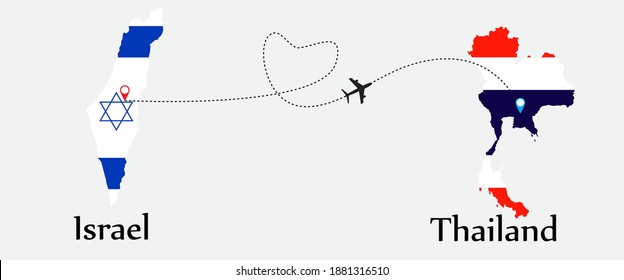 Airplane transport from Israel to Thailand. Concept a good tour travel and business of both country. And flags symbol on maps. EPS.file.