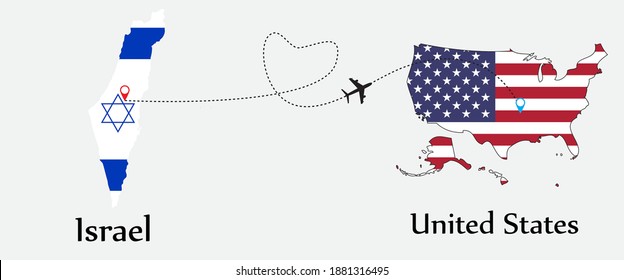 Airplane transport from Israel to United States. Concept a good tour travel and business of both country. And flags symbol on maps. EPS.file.