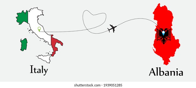 Airplane transport from Italy to Albania. Concept a good tour travel and business of both country. And flags symbol on maps. EPS.file.
