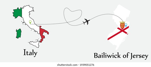 Airplane transport from Italy to Bailiwick of Jersey. Concept a good tour travel and business of both country. And flags symbol on maps. EPS.file.