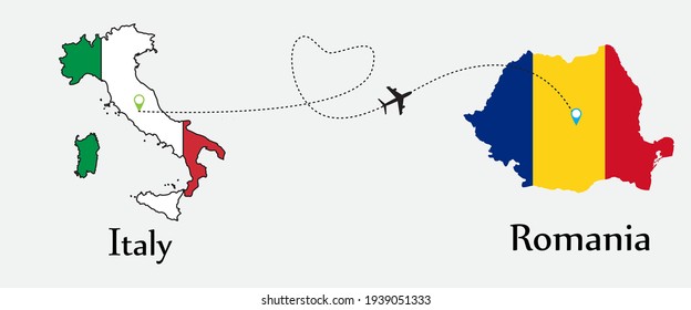 Airplane transport from Italy to Romania. Concept a good tour travel and business of both country. And flags symbol on maps. EPS.file.