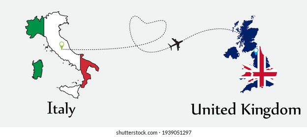 Airplane transport from Italy to United Kingdom. Concept a good tour travel and business of both country. And flags symbol on maps. EPS.file.