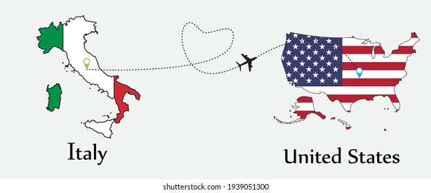 Airplane transport from Italy to United States. Concept a good tour travel and business of both country. And flags symbol on maps. EPS.file.