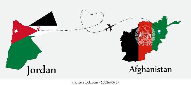 Airplane transport from Jordan to Afghanistan. Concept a good tour travel and business of both country. And flags symbol on maps. EPS.file.