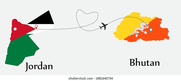 Airplane transport from Jordan to Bhutan. Concept a good tour travel and business of both country. And flags symbol on maps. EPS.file.