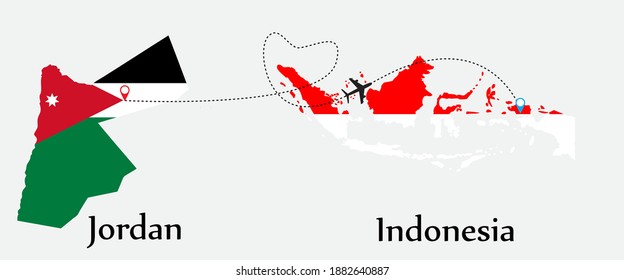 Flugzeugtransport von Jordanien nach Indonesien. Konzept einer guten Reise und Geschäft von beiden Ländern. Und Flaggen Symbol auf Karten. EPS.file.
