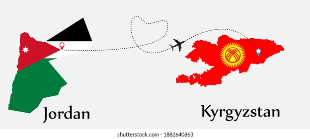 Airplane transport from Jordan to Kyrgyzstan. Concept a good tour travel and business of both country. And flags symbol on maps. EPS.file.