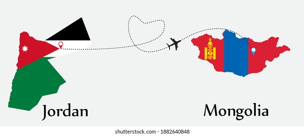 Airplane transport from Jordan to Mongolia. Concept a good tour travel and business of both country. And flags symbol on maps. EPS.file.
