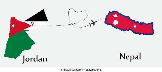 Airplane transport from Jordan to Nepal. Concept a good tour travel and business of both country. And flags symbol on maps. EPS.file.