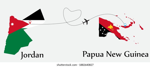 Airplane transport from Jordan to Papua New Guinea. Concept a good tour travel and business of both country. And flags symbol on maps. EPS.file.