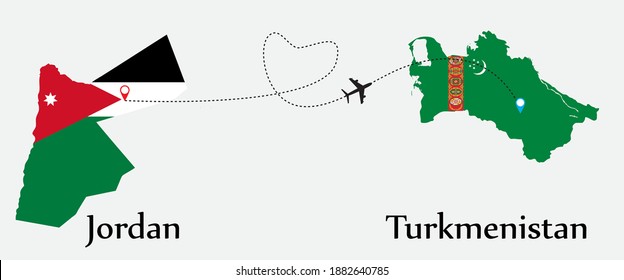 Airplane transport from Jordan to Turkmenistan. Concept a good tour travel and business of both country. And flags symbol on maps. EPS.file.