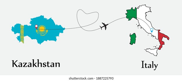 Airplane transport from Kazakhstan to Italy. Concept a good tour travel and business of both country. And flags symbol on maps. EPS.file.