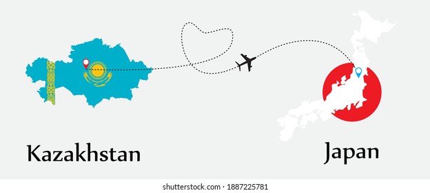 Airplane transport from Kazakhstan to Japan. Concept a good tour travel and business of both country. And flags symbol on maps. EPS.file.