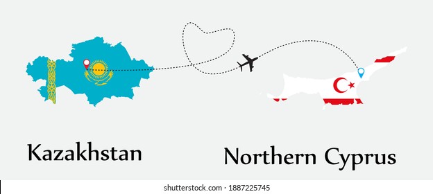 Airplane transport from Kazakhstan to Northern Cyprus. Concept a good tour travel and business of both country. And flags symbol on maps. EPS.file.