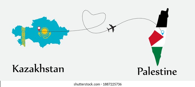 Airplane transport from Kazakhstan to Palestine. Concept a good tour travel and business of both country. And flags symbol on maps. EPS.file.