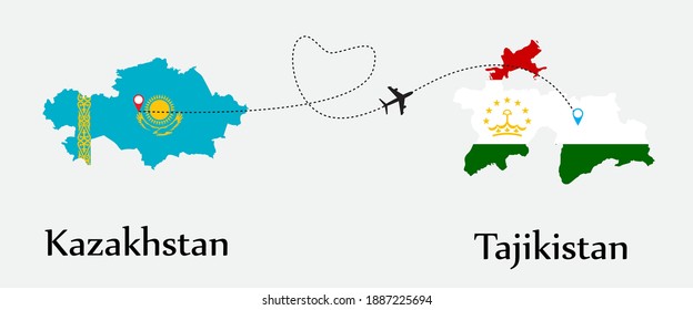Airplane transport from Kazakhstan to Tajikistan. Concept a good tour travel and business of both country. And flags symbol on maps. EPS.file.