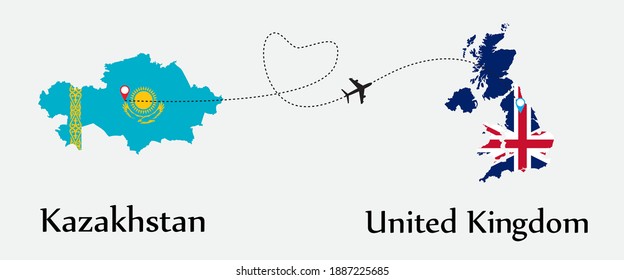 Airplane transport from Kazakhstan to United Kingdom. Concept a good tour travel and business of both country. And flags symbol on maps. EPS.file.