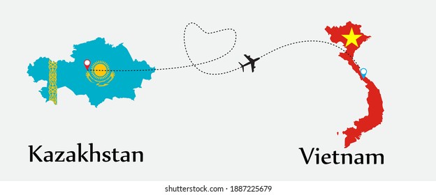 Airplane transport from Kazakhstan to Vietnam. Concept a good tour travel and business of both country. And flags symbol on maps. EPS.file.