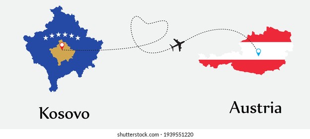 Airplane transport from Kosovo to Austria. Concept a good tour travel and business of both country. And flags symbol on maps. EPS.file.