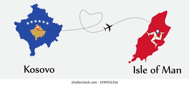 Airplane transport from Kosovo to Isle of Man. Concept a good tour travel and business of both country. And flags symbol on maps. EPS.file.