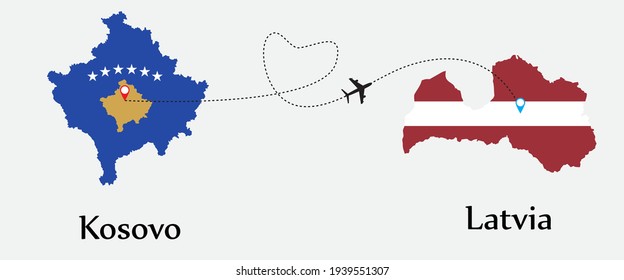 Airplane transport from Kosovo to Latvia. Concept a good tour travel and business of both country. And flags symbol on maps. EPS.file.