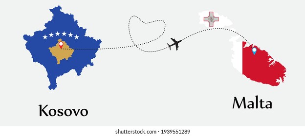 Transporte aéreo de Kosovo a Malta. Concepto un buen viaje turístico y de negocios de ambos países. Y símbolo de banderas en los mapas. EPS.file.