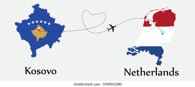 Airplane transport from Kosovo to Netherlands. Concept a good tour travel and business of both country. And flags symbol on maps. EPS.file.