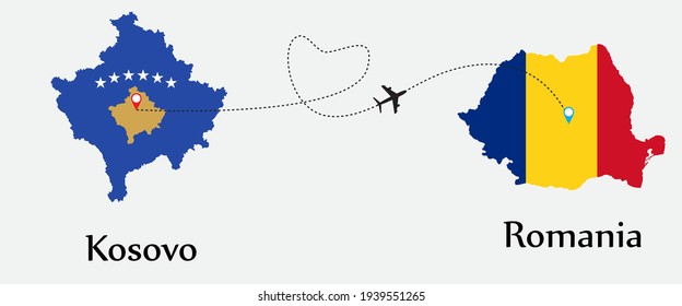 Airplane transport from Kosovo to Romania. Concept a good tour travel and business of both country. And flags symbol on maps. EPS.file.