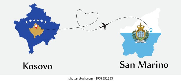Airplane transport from Kosovo to San Marino. Concept a good tour travel and business of both country. And flags symbol on maps. EPS.file.