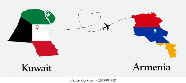 Airplane transport from Kuwait to Armenia. Concept a good tour travel and business of both country. And flags symbol on maps. EPS.file.