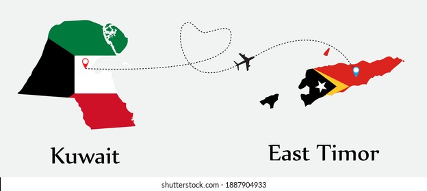 Airplane transport from Kuwait to East Timor. Concept a good tour travel and business of both country. And flags symbol on maps. EPS.file.